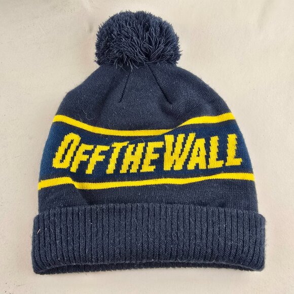 Vans Off The Wall Blue Yellow Pom Beanie Knit Winter Hat Skateboarding Toque - Picture 4 of 7